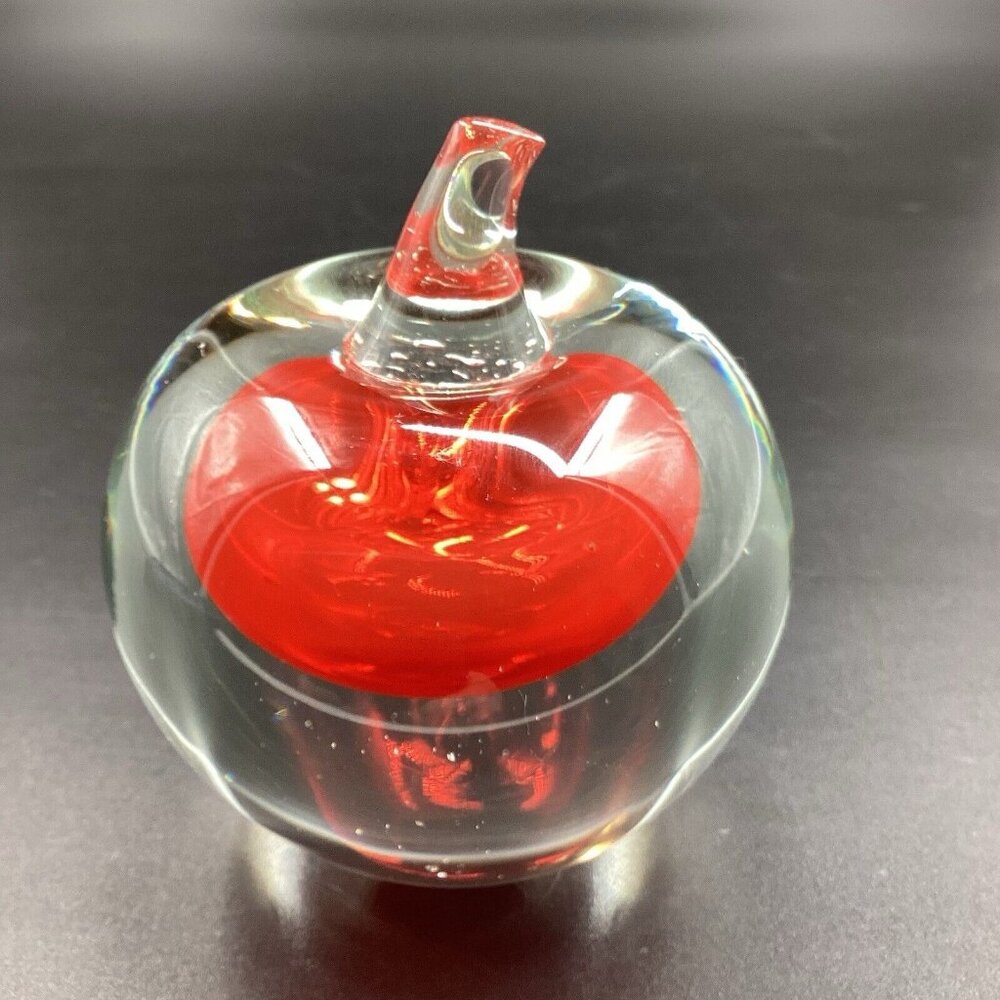 Vtg Murano Sommerso Red Apple Paperweight 3in By 3.5 in, Red & Clear Art Glass